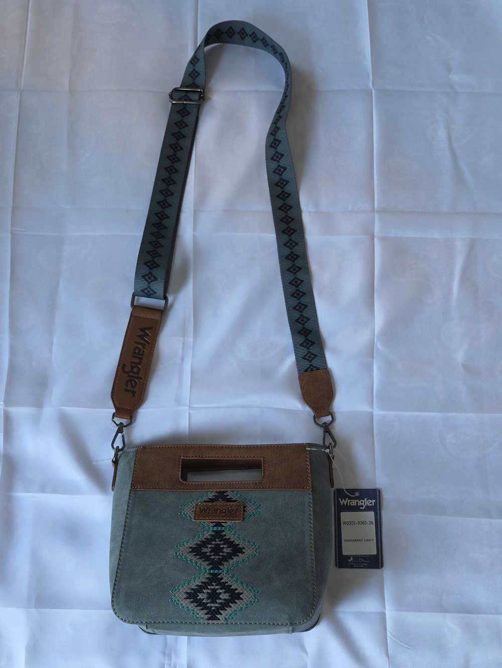 Wrangler Teal & Brown Messenger Crossbody with Patterned Strap